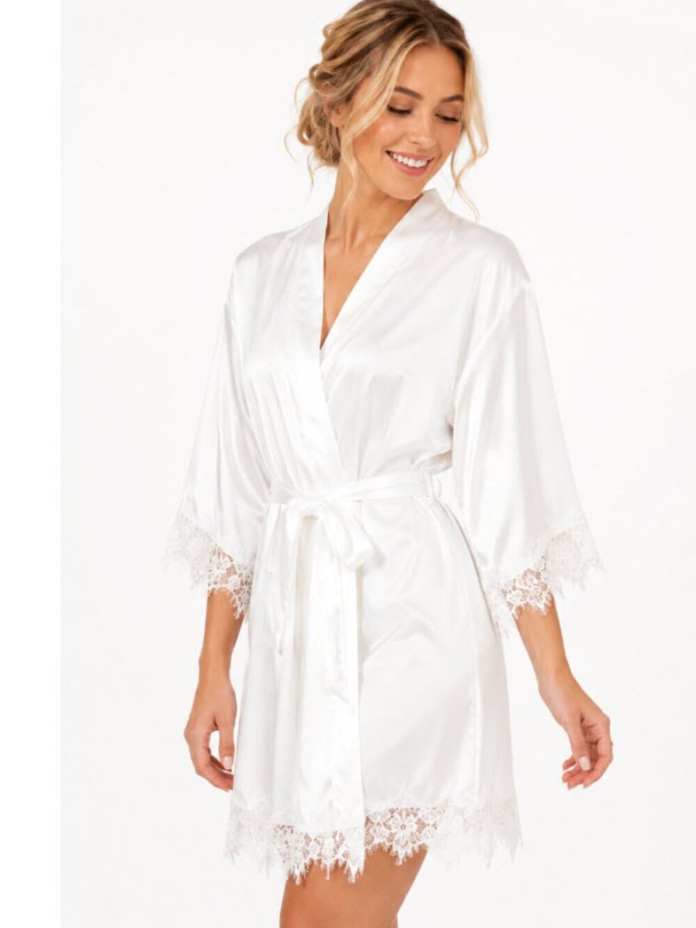 Wedding White Lace Trim Bridal Robe M/L Getting Ready Bride